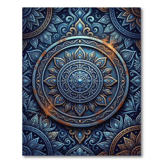 Ornate Blue Gold Mandala Rug
