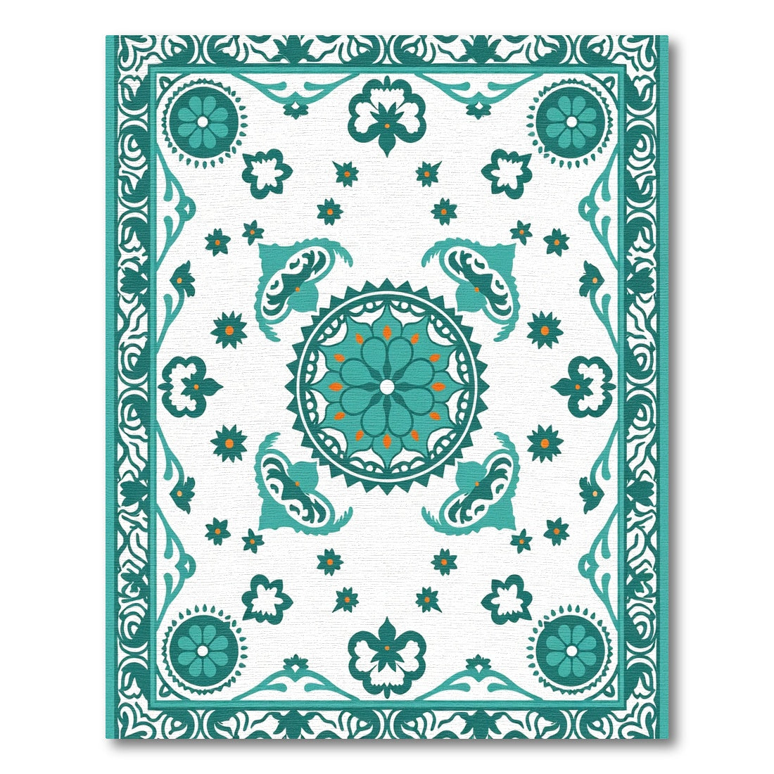Teal Orange Floral Medallion Border Rug
