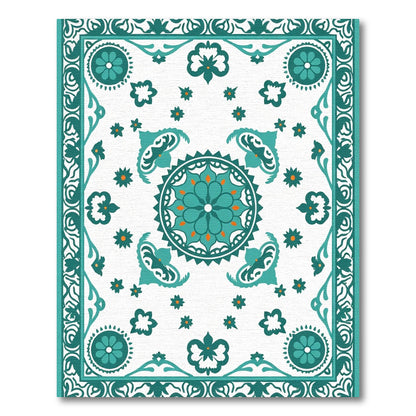 Teal Orange Floral Medallion Border Rug
