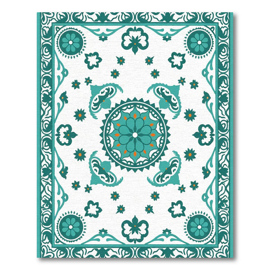 Teal Orange Floral Medallion Border Rug