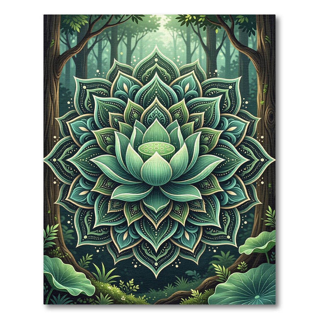 Emerald Lotus Forest Mandala Rug