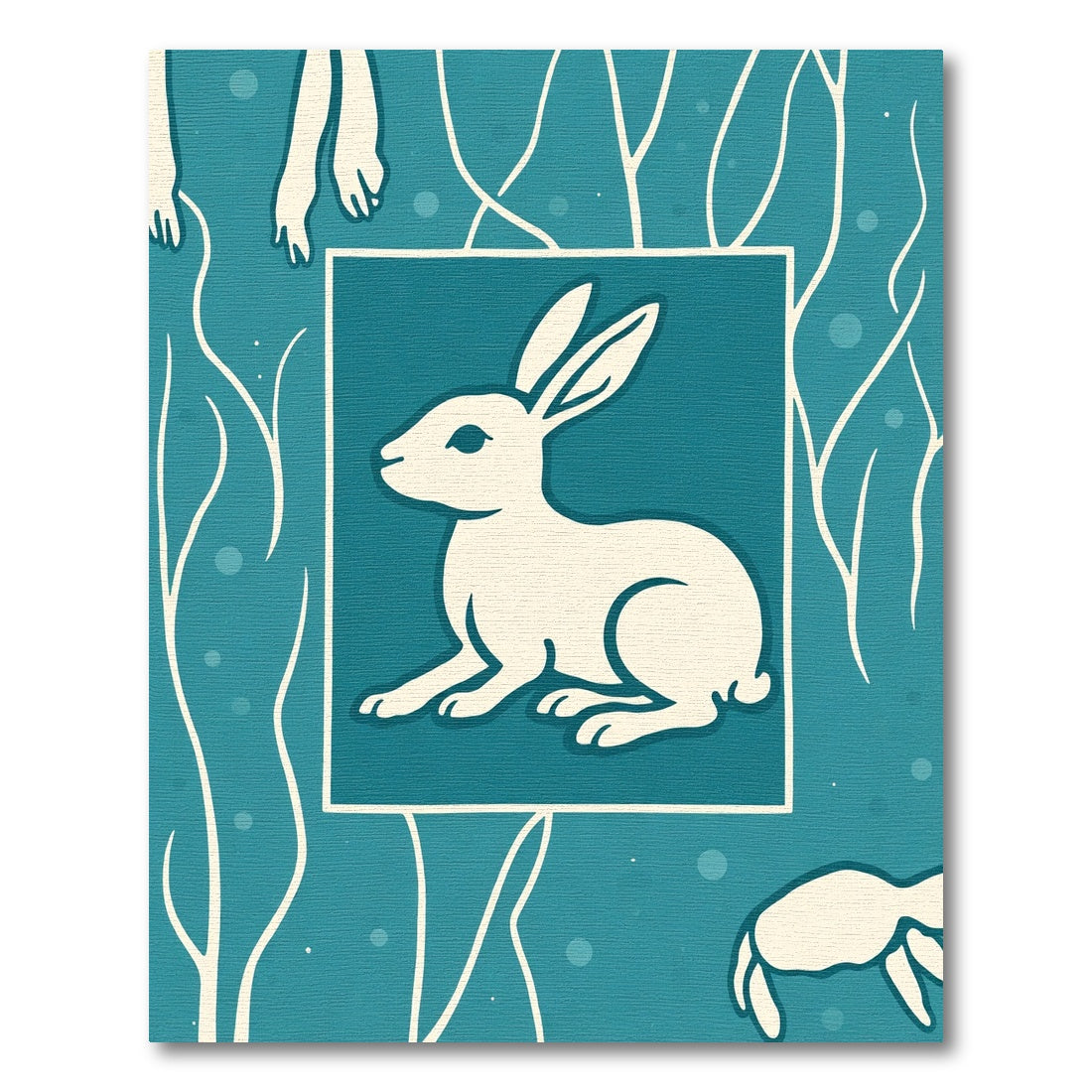 Cream Rabbit Teal Nature Scene Rug