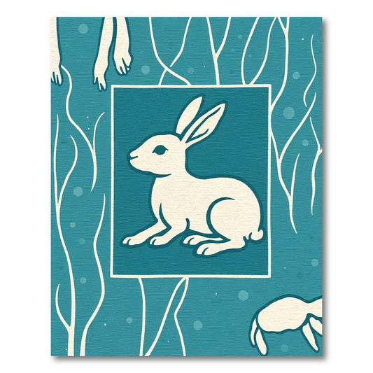 Cream Rabbit Teal Nature Scene Rug