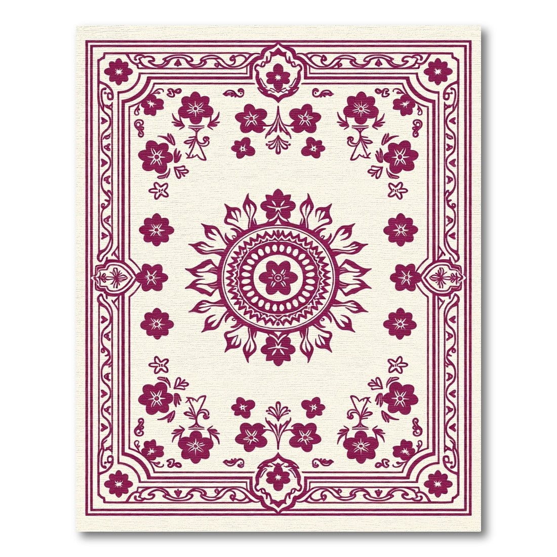 Deep Red Floral Mandala Border Art Rug