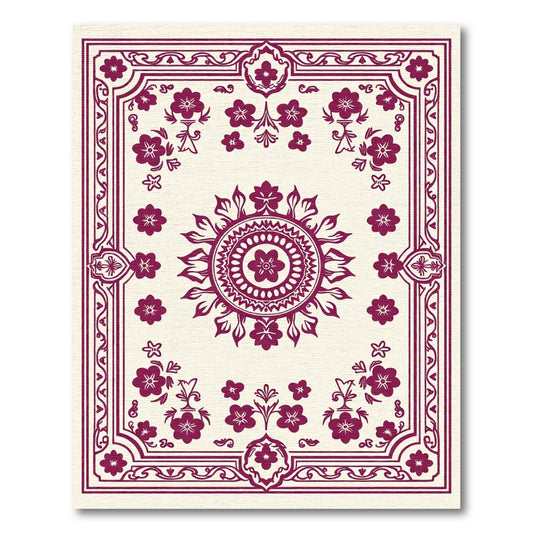 Deep Red Floral Mandala Border Art Rug