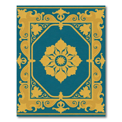 Elegant Teal Gold Medallion Frame Rug