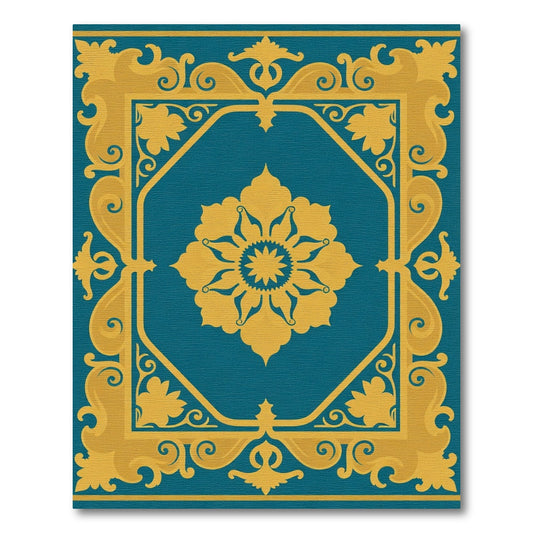 Elegant Teal Gold Medallion Frame Rug