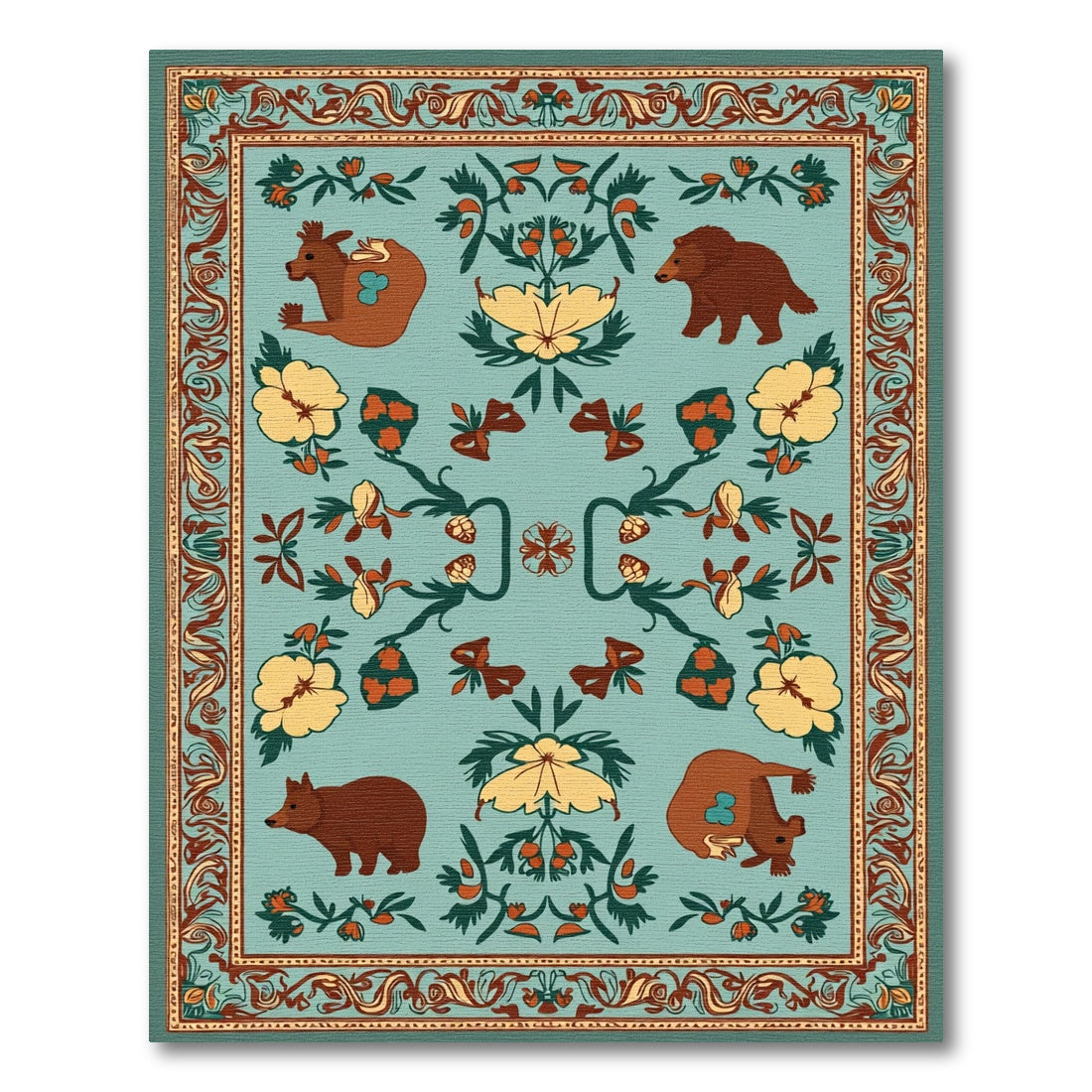 Folk Art Forest Animals Floral Border Rug