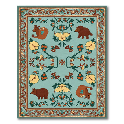 Folk Art Forest Animals Floral Border Rug