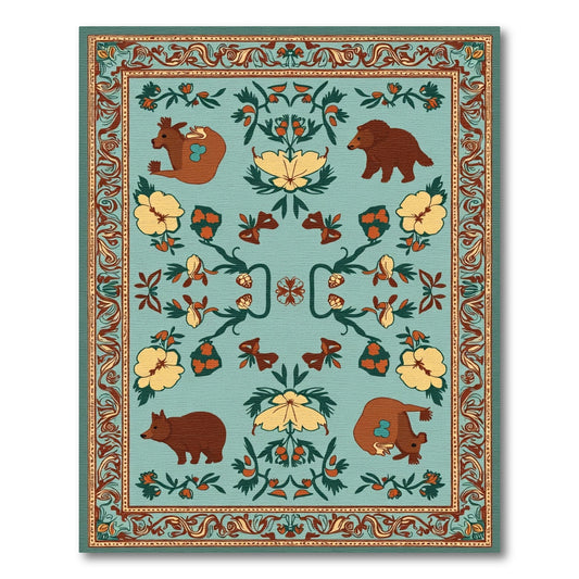 Folk Art Forest Animals Floral Border Rug