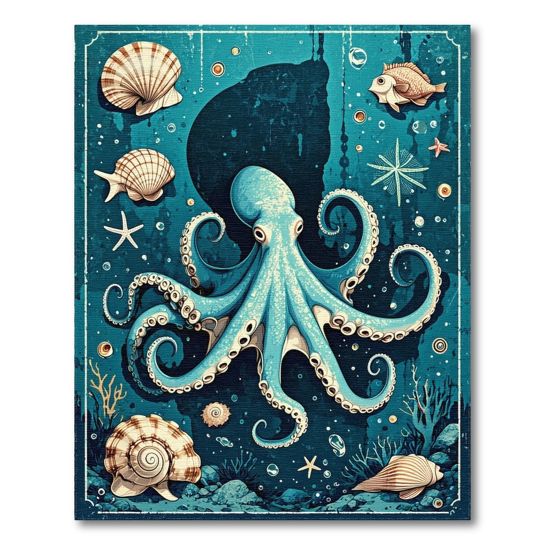 Coastal Beach Blue Octopus Coastal Area Rug