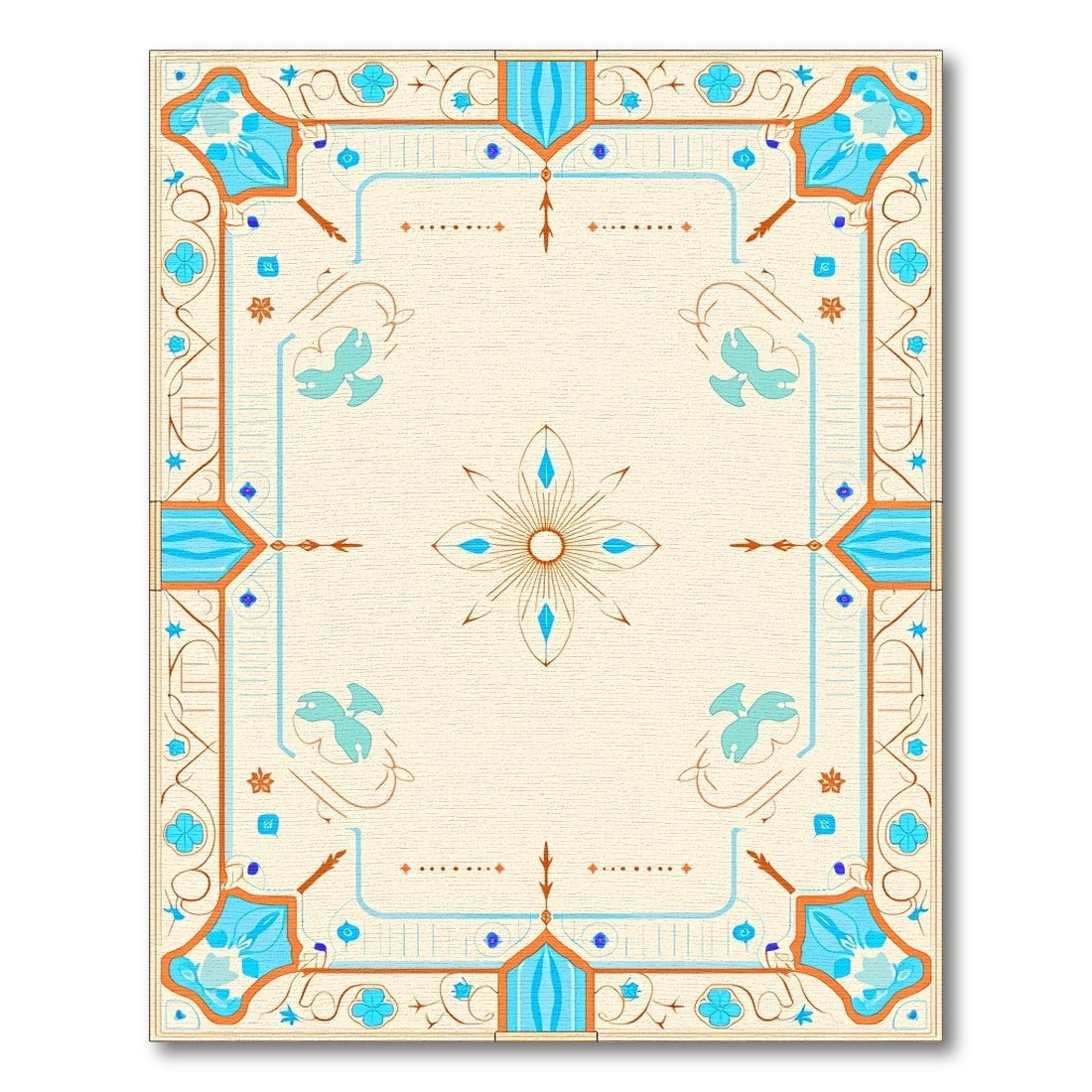 Aqua Orange Floral Border medallion Rug