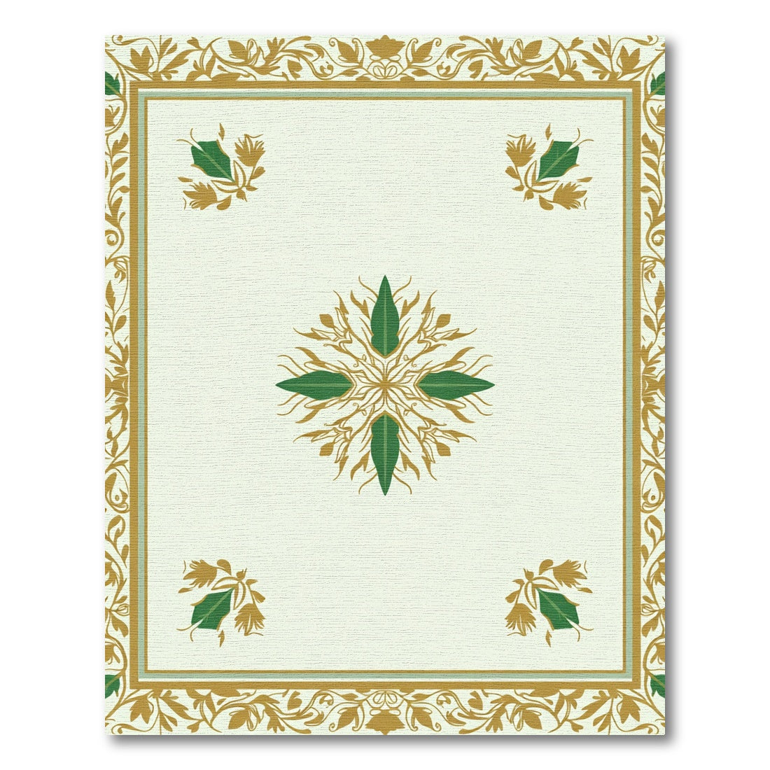 Ivory Gold Green Floral Medallion Border Rug