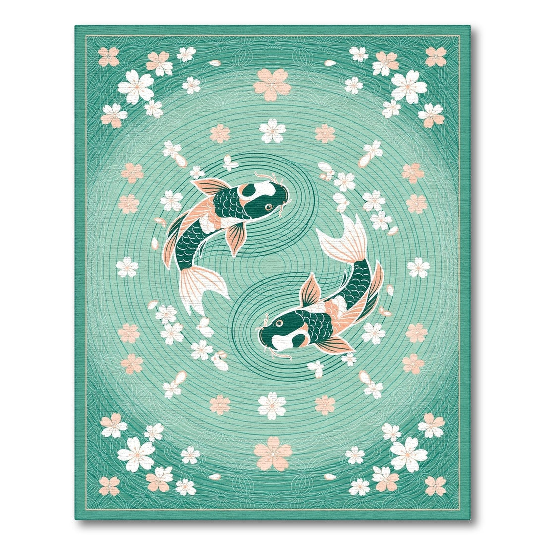 Teal Koi Fish Yin-Yang Cherry Blossom Area Rug