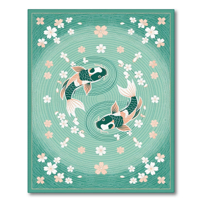 Teal Koi Fish Yin-Yang Cherry Blossom Area Rug