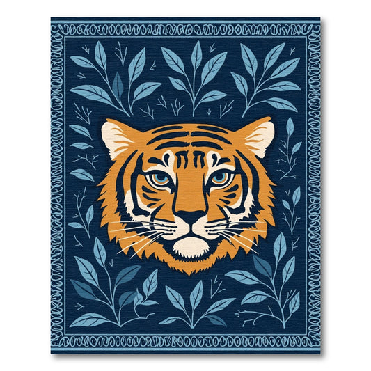 Bold Orange Tiger Blue Leaf Border Rug