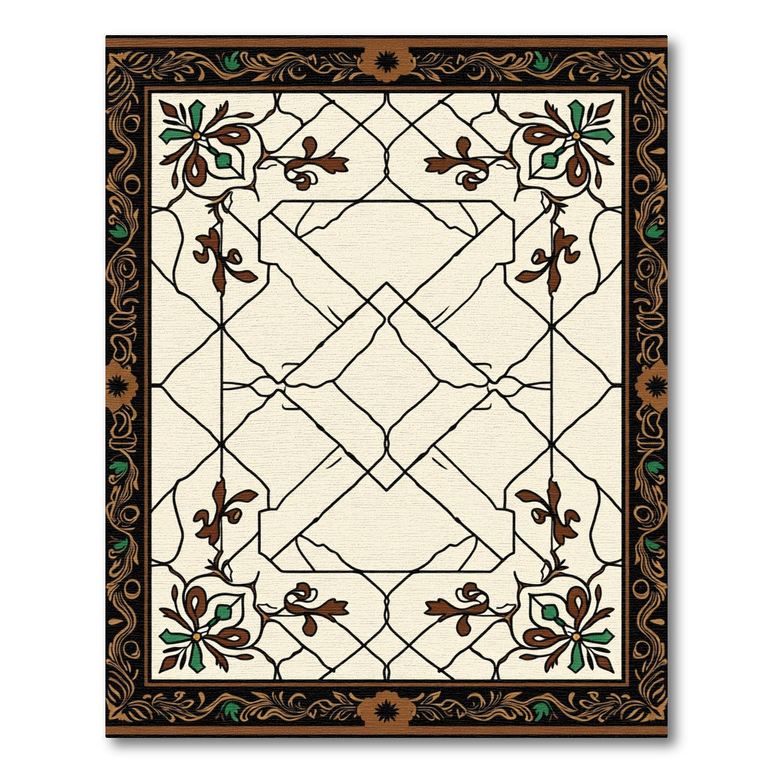 Ivory Geometric Floral Scroll Border Rug