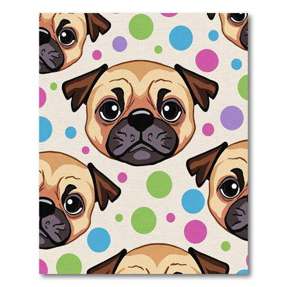 Playful Pug Heads Polka Dot Background Rug