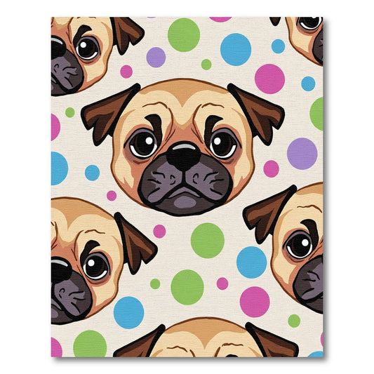 Playful Pug Heads Polka Dot Background Rug