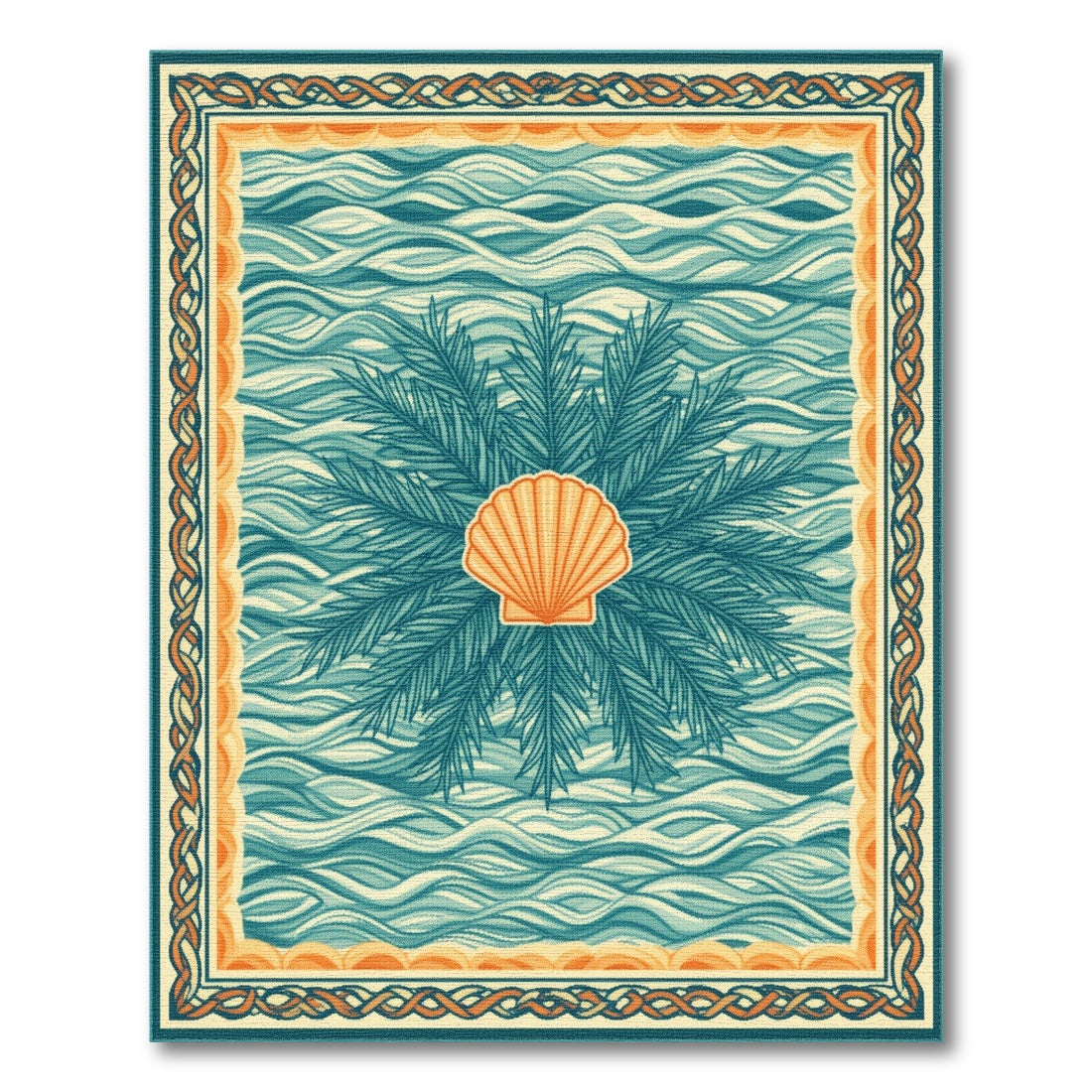 Blue and Teal Coastal Seashell Wave Area Rug