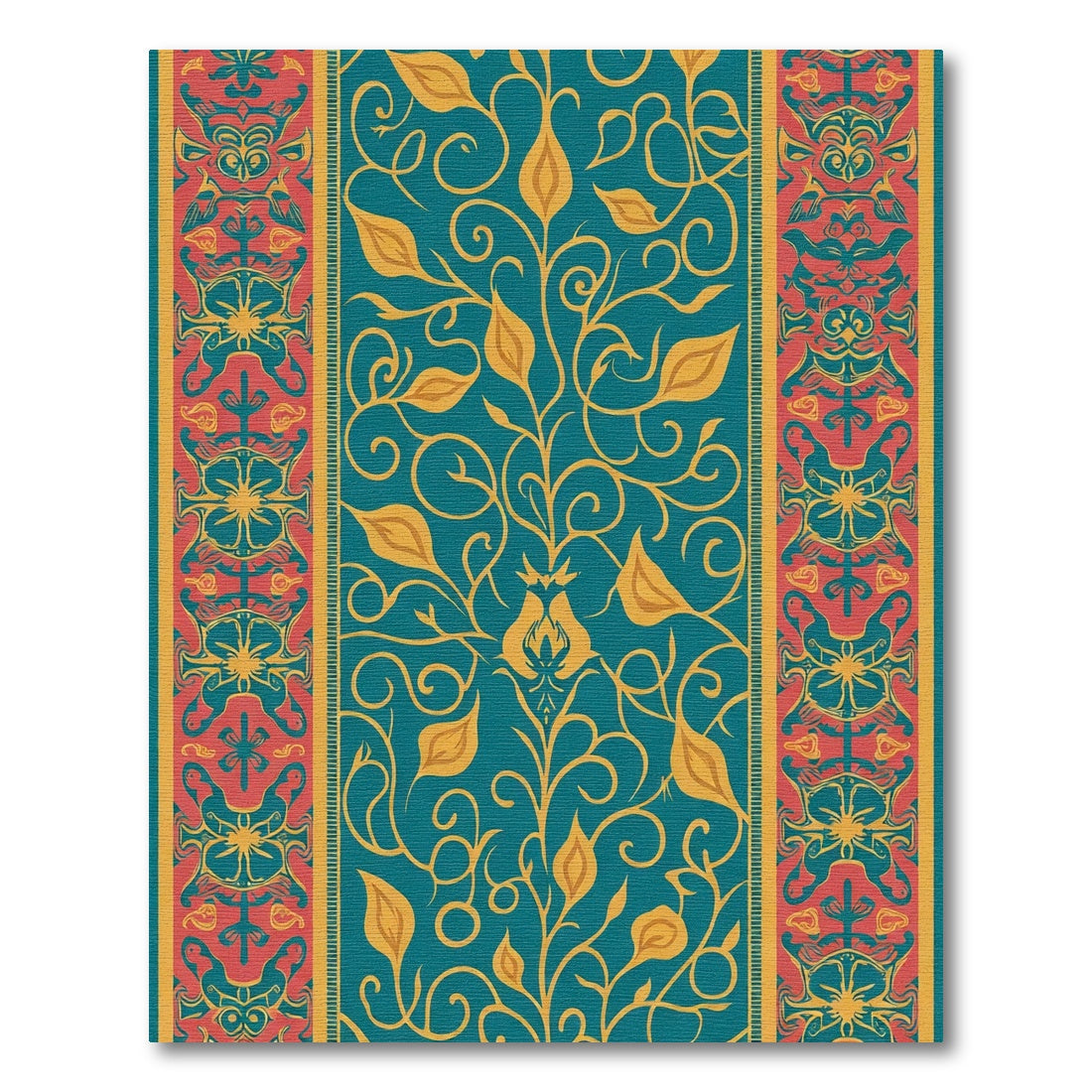 Teal Golden Floral Medallion Border Rug