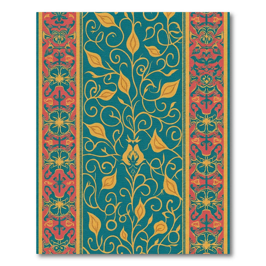 Teal Golden Floral Medallion Border Rug