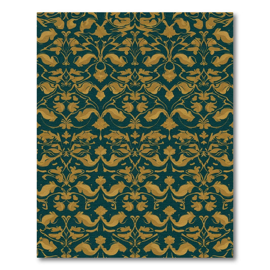 Deep Teal Gold Leaf Damask Rug