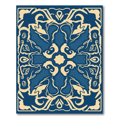 Deep Blue Cream Arabesque Curvilinear Rug
