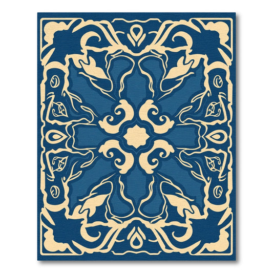 Deep Blue Cream Arabesque Curvilinear Rug