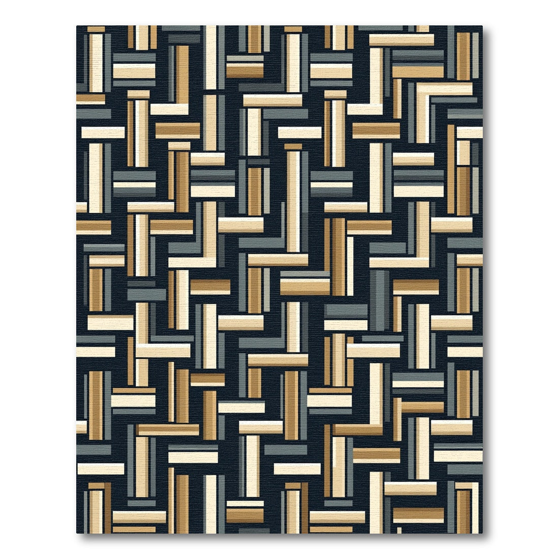 Tan Charcoal White Interlocking Rectangle Art Rug