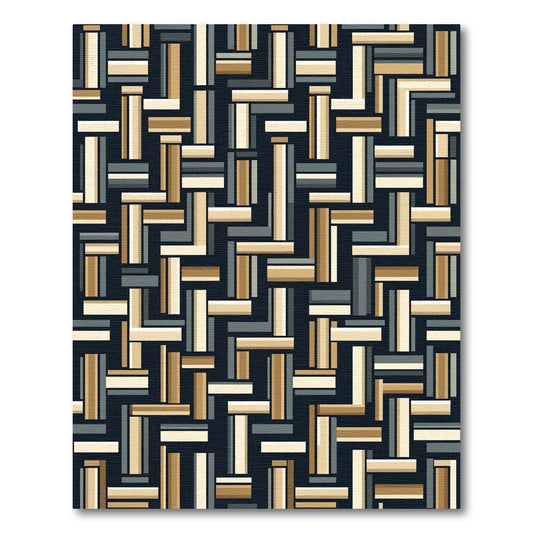 Tan Charcoal White Interlocking Rectangle Art Rug
