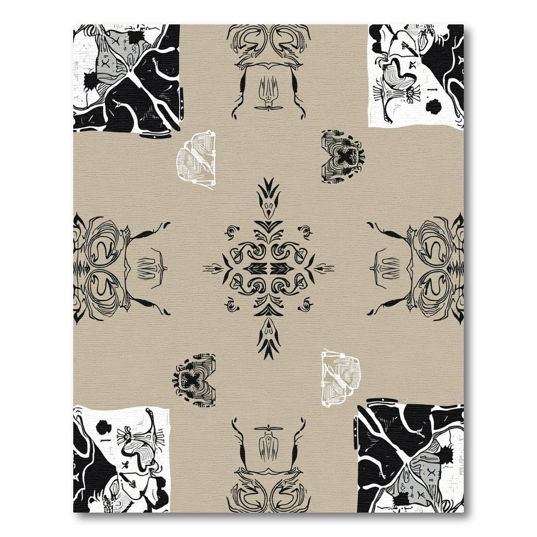 Black White Abstract Organic Medallion Rug