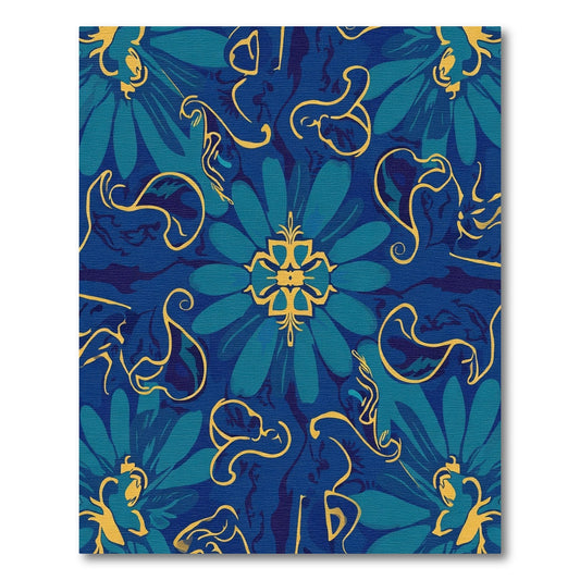 Deep Blue Golden Swirl Floral Rug