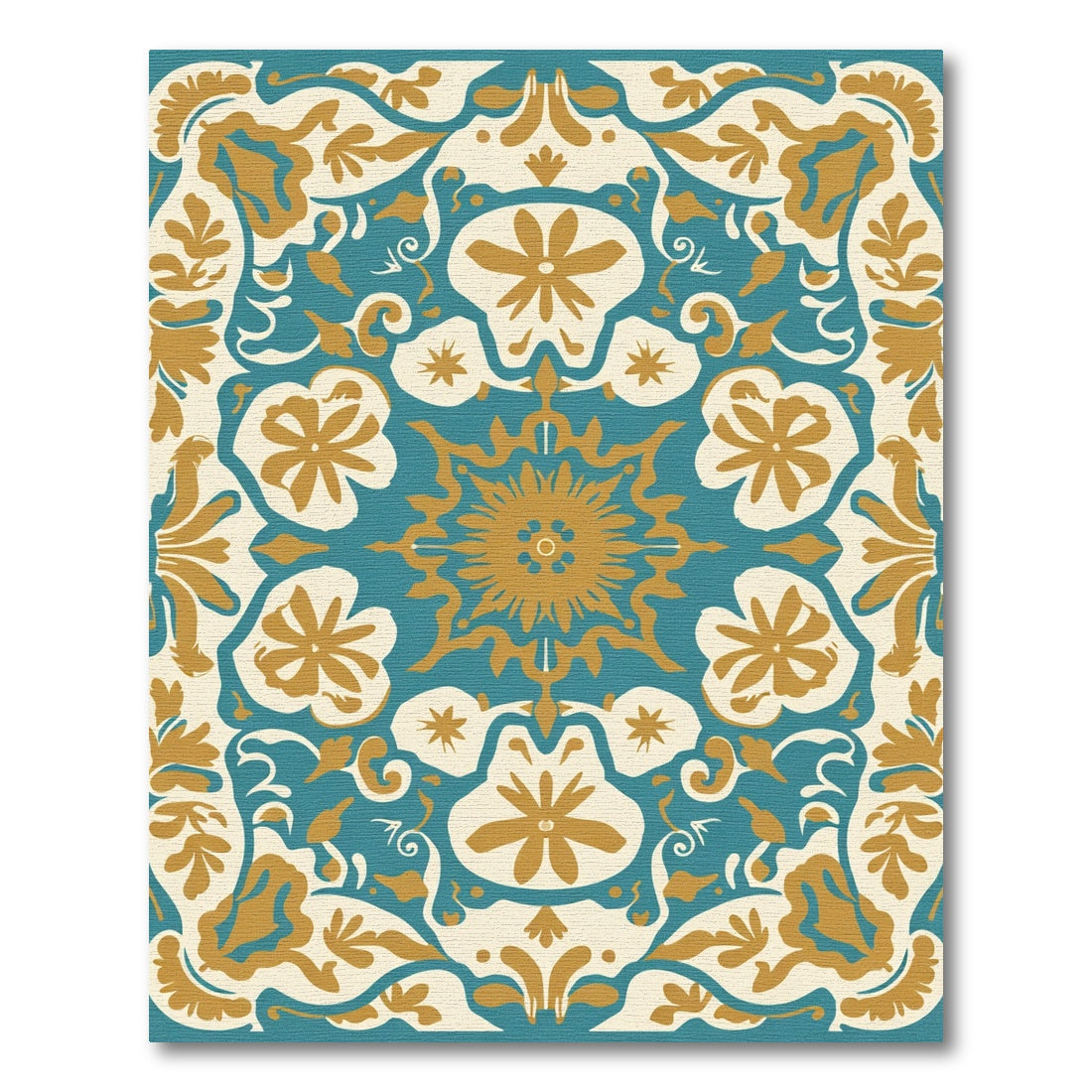 Teal Gold Floral Medallion Symmetry Rug