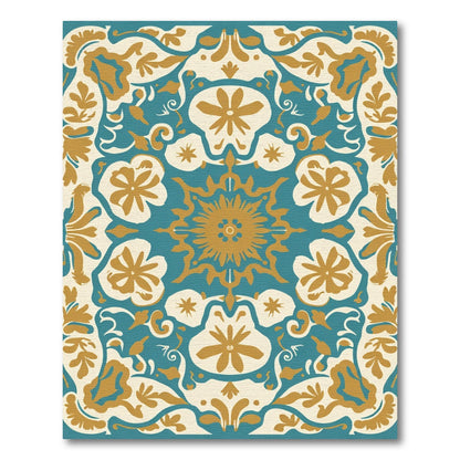 Teal Gold Floral Medallion Symmetry Rug