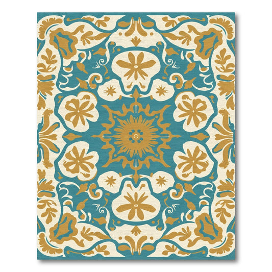 Teal Gold Floral Medallion Symmetry Rug