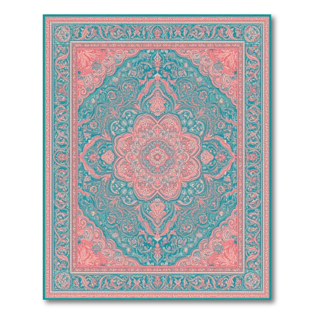 Blue and Teal Pink Persian Medallion Area Rug