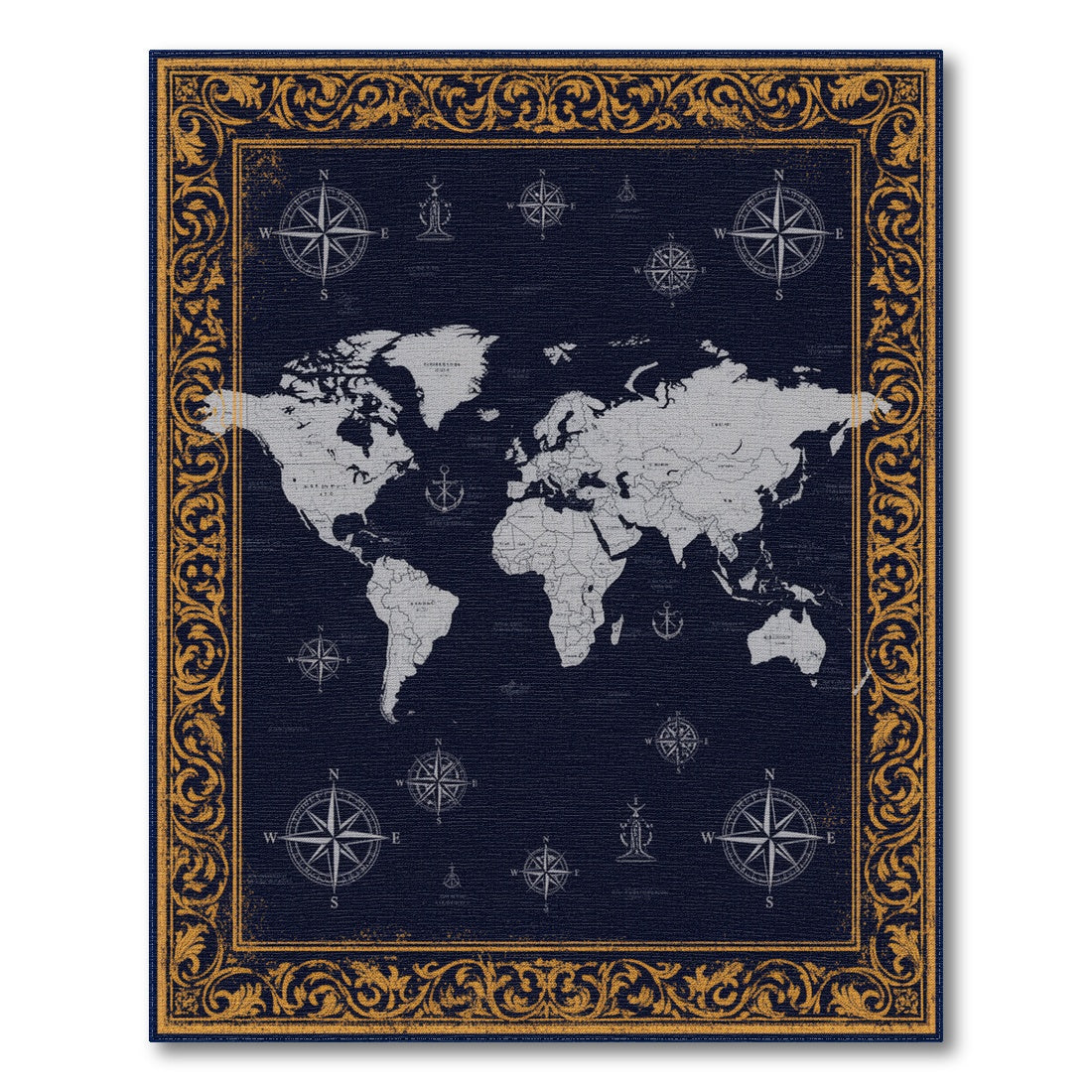 Navy Vintage World Map Rug with Gold Border
