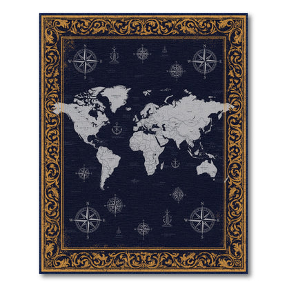 Navy Vintage World Map Rug with Gold Border
