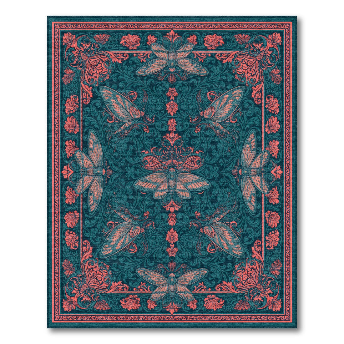 Teal Moth Floral Vintage Area Rug