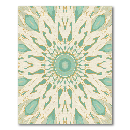 Pale Aqua Gold Sunburst Mandala Rug