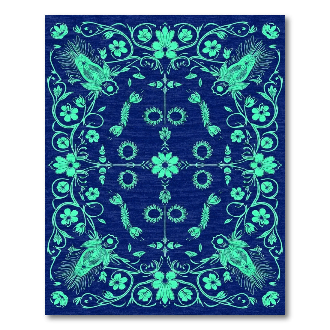 Teal Floral Birds Mandala Rug