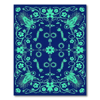 Teal Floral Birds Mandala Rug