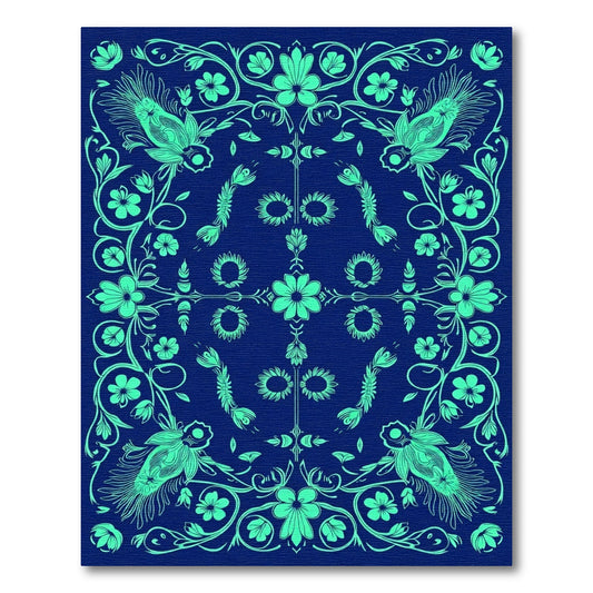 Teal Floral Birds Mandala Rug