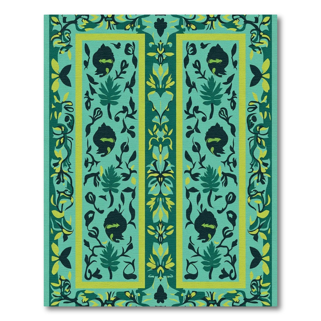Teal Emerald Floral Botanical Border Rug