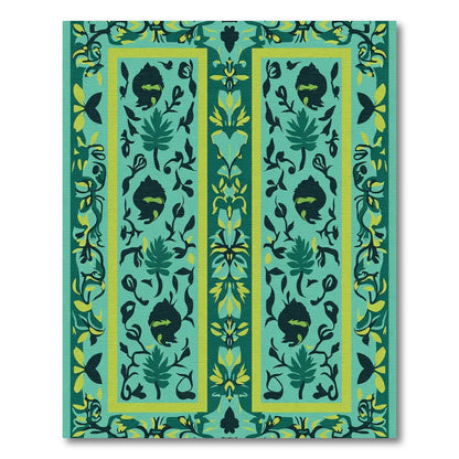 Teal Emerald Floral Botanical Border Rug