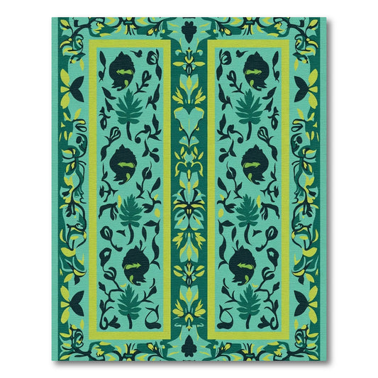 Teal Emerald Floral Botanical Border Rug