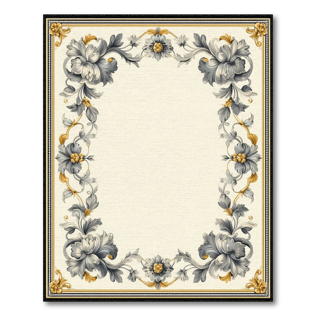 Grey Floral Vintage Border Washable Area Rug