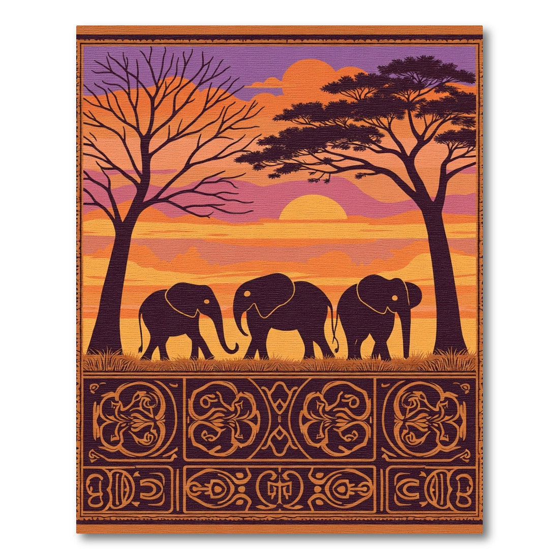African Sunset Elephant Silhouette Border Rug