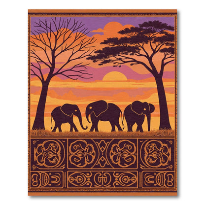 African Sunset Elephant Silhouette Border Rug